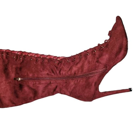 Burgundy Peep Toe Lace Up Over The Knee High Heel Boots Size 9 - Picture 4 of 7